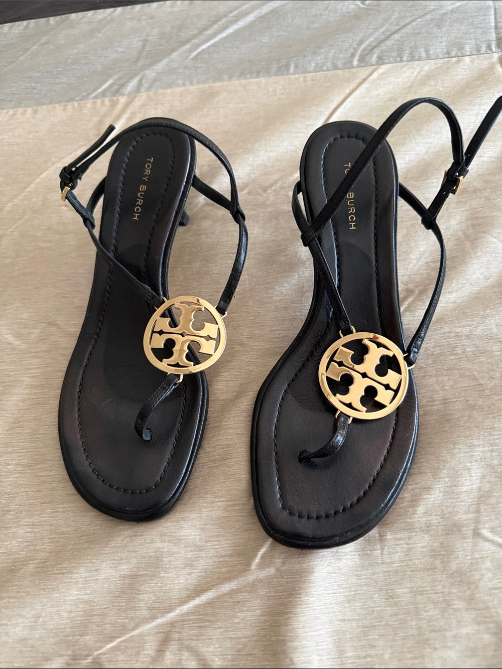 Tory Burch Black Leather Toe-Post Sandals with Gold Logo Disk